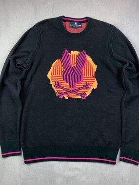 Psycho Bunny Mens Sweater Medium Black Crewneck Long Sleeve Knit Big logo Cotton